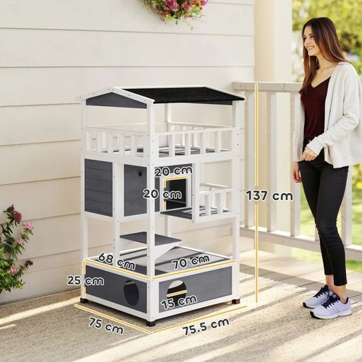 Wooden Cat House Den 3-Tier Outdoor Kitten Shelter Lodge w/ Tilted Roof Terrace Jump Step Bottom Tray Elevated Base Waterproof Paint 140 x 78 x 76cm Grey
