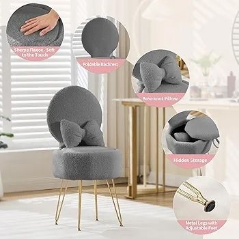 Plush Flannel Vanity Stool with Bowknot Backrest & Storage, Foldable Back Makeup Chair with Cushioned Seat & Metal Legs, Soft Dressing Table Stool for Bedroom, Home Decor, Grey