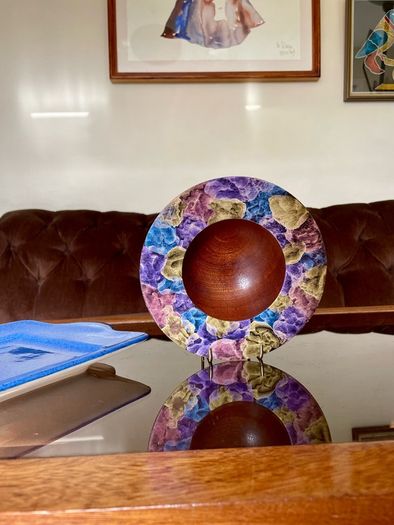 Hand Lathed Signed Coloured Edge Bowl Solid Mahogany