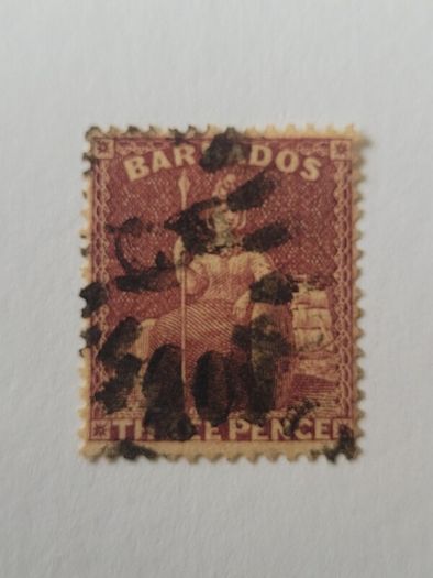BRITISH COMMONWEALTH BARBADOS 1873 3p claret with postal mark - great perforations.