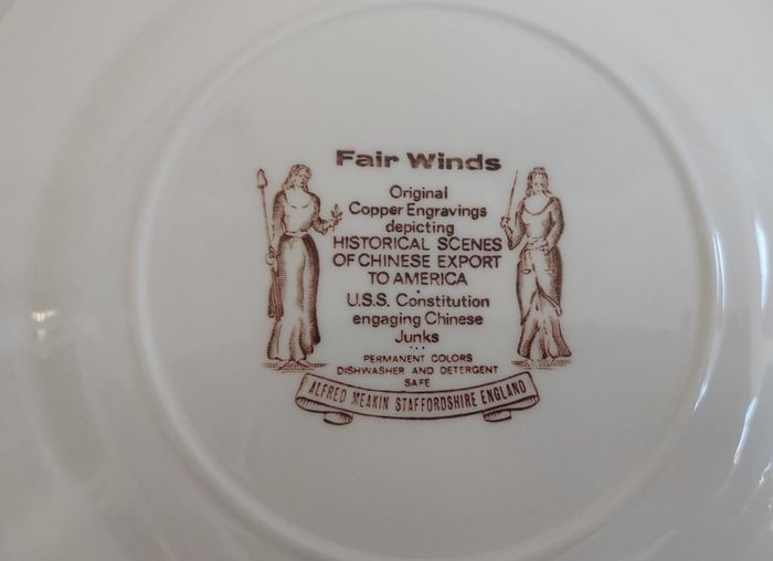 Fabulous Vintage 35 Piece Brown and White Fair Winds, Historical Scenes of Chinese Export to America Dinner Service by Alfred Meakin, Staffordshire