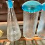 Set of Glass Genie Bottles with Turquoise Blue Flame Stoppers and Tall Containers with Mushroom Lids MCM Retro Image 8
