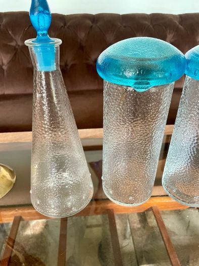 Set of Glass Genie Bottles with Turquoise Blue Flame Stoppers and Tall Containers with Mushroom Lids MCM Retro
