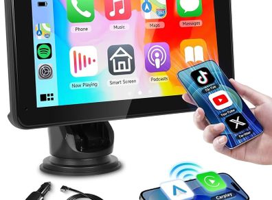 Wireless Carplay Screen Portable Car Stereo Android Auto Screen, Rimoody 7 Inch Touch Screen Portable Car play Bluetooth FM Transmitter Mirror Link Voice control AUX Cable