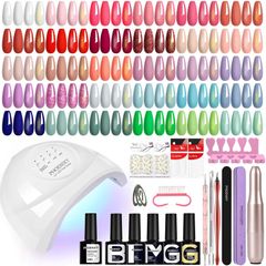 51Pcs Gel Nail Polish Set, 30+5 Colours Nail Polishes with Electric Drill and 48W Manicure Lamp, Complete Gel Nails Kit with Base Top Glitter Golden Coats Gift Set for Women