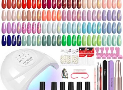 51Pcs Gel Nail Polish Set, 30+5 Colours Nail Polishes with Electric Drill and 48W Manicure Lamp, Complete Gel Nails Kit with Base Top Glitter Golden Coats Gift Set for Women