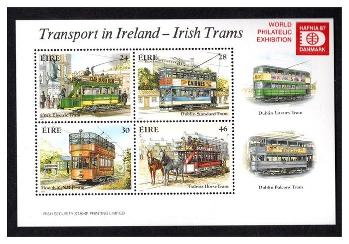 1987 Ireland Hafina World Philatelic Exhibition Souvenir on Trams Commemorative Stamps Miniature Sheet Mint Never Hinged (MNH)