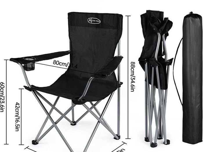 Outdoor Folding Camping Chair with Cup Holder Storage Bag, Lightweight Portable for Beach, Barbecue, Fishing (Black)