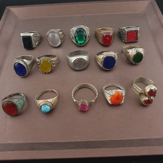 Antique Brass Rings Lot of 15 Mixed Gemstone & Glass Collectible Rings