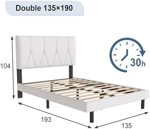 Double Bed Frame, White, Upholstered Wooden Slat Bed Frame with Headboard