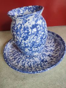 Vase With Medium Plate Under Dark Blue Sponged, Ardmore Pottery