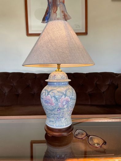Pretty Oriental Pastel Floral Ginger Jar Lamp Base with Wooden Plinth Base