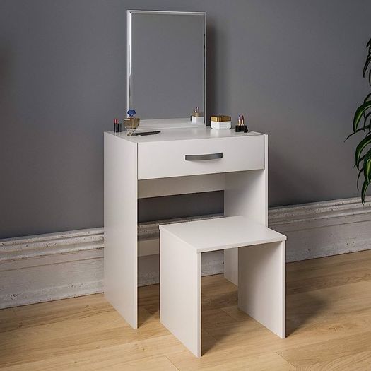 Dressing Table Isla 1 Drawer Mirror & Stool Bedroom Set Makeup Vanity Cosmetics Storage Desk Dresser Furniture White (FREE SHIPPING)