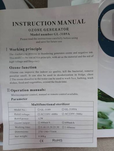 Ozone purifier and Generator with instructions booklet
