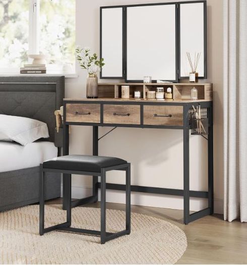 Dressing Table with Mirror and Stool, Vanity Table with Tri-Fold Mirror, 3 Drawers, Hair Dryer Holder