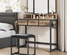 Dressing Table with Mirror and Stool, Vanity Table with Tri-Fold Mirror, 3 Drawers, Hair Dryer Holder
