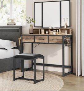 Dressing Table with Mirror and Stool, Vanity Table with Tri-Fold Mirror, 3 Drawers, Hair Dryer Holder