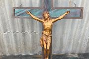 Antique large Ecleastical copper and glass cross crucifix