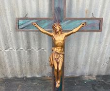 Antique large Ecleastical copper and glass cross crucifix