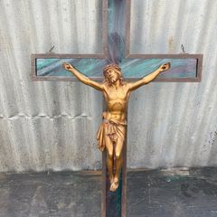 Antique large Ecleastical copper and glass cross crucifix