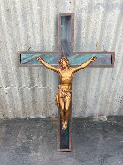Antique large Ecleastical copper and glass cross crucifix