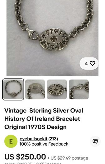 sterling silver oval history of Ireland  bracelet 1970's