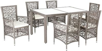 poly rattan seating group 6 garden chairs 5cm cushions table 150x90cm weatherproof seating set garden furniture set beige-grey