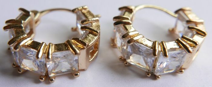 Vintage Gold Plated Huggie Hoop Earrings Cubic Zirconia Stones