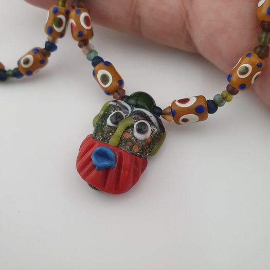 Vintage Venetain Style delicate Dotted Glass Beads & Old Face Glass Pendant Necklace