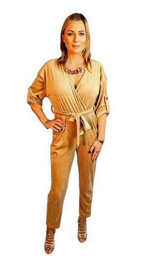 Surplice neck velvet wide leg jumpsuit