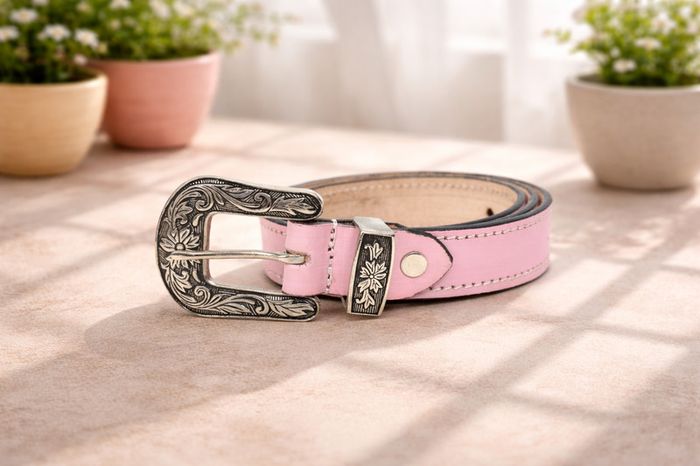 Unisex Premium Pink Genuine Leather Belt Vintage Engraved Silver Buckle