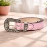Unisex Premium Pink Genuine Leather Belt Vintage Engraved Silver Buckle Image 4