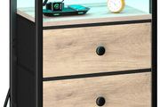 Bedside Table with LED Light, Small Side Table with Charging Station, Bedside Cabinet with 2 Fabric Drawers and Open Storage Shelf, Nightstand for Living Room, Bedroom, Gray