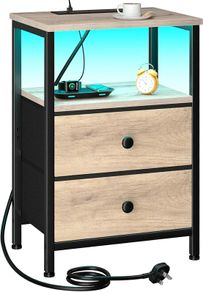 Bedside Table with LED Light, Small Side Table with Charging Station, Bedside Cabinet with 2 Fabric Drawers and Open Storage Shelf, Nightstand for Living Room, Bedroom, Gray