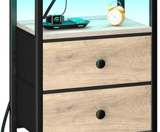 Bedside Table with LED Light, Small Side Table with Charging Station, Bedside Cabinet with 2 Fabric Drawers and Open Storage Shelf, Nightstand for Living Room, Bedroom, Gray