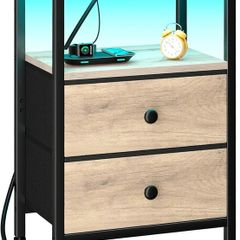 Bedside Table with LED Light, Small Side Table with Charging Station, Bedside Cabinet with 2 Fabric Drawers and Open Storage Shelf, Nightstand for Living Room, Bedroom, Gray