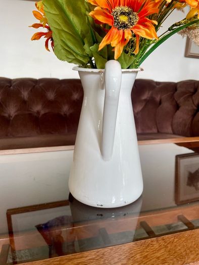 Vintage Shabby Chic Antique White Enamel Jug Vase