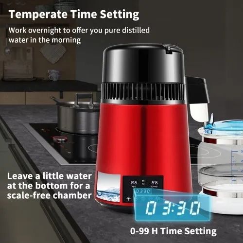 Water Distiller, 1 L/H, 4L Distilled Water Maker with 0-99 H Timing, 750W Countertop Water Purifier with Dual Temp Display