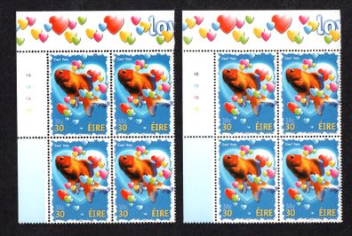 2001 Ireland Love (Cool Pets) Commemorative Stamp Plate Blocks 1A1A1A1A & 1B1B1B1B Mint Never Hinged (MNH)