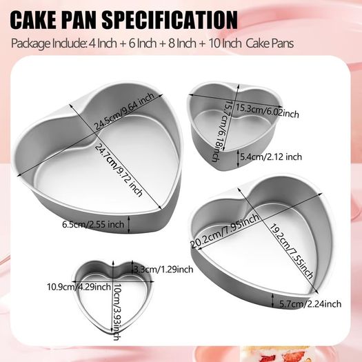 Brand New Heart-Shaped Cake Pans 4/6/8/10in Aluminium Non-Stick Removable Bottoms