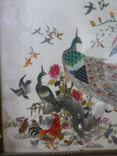 Antique Early 20c Chinese Silk Embroidery Birds Panel Framed - 23"x14"