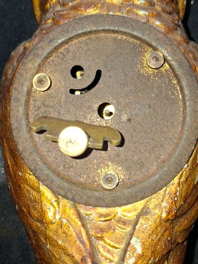 Rare Antique Cold Painted Bronze Clock in form of an Owl. The decorative dial sits in the owls belly and has wind up movement,