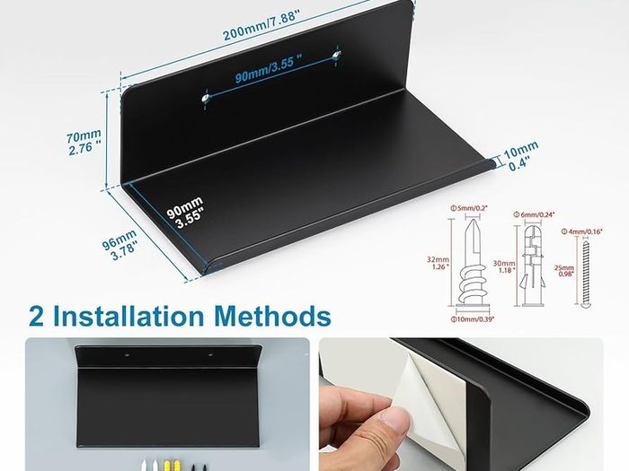 Black Floating Wall Shelves Self Adhesive, Decorative Rack, 20CM Wall Mounted Floating Shelves for Bathroom, Kitchen, Living Room, Screw Mounting, Set of 2