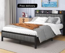 Double Bed Frame with Wooden Storage Headboard Shelf