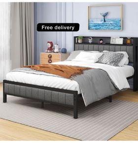 Double Bed Frame with Wooden Storage Headboard Shelf