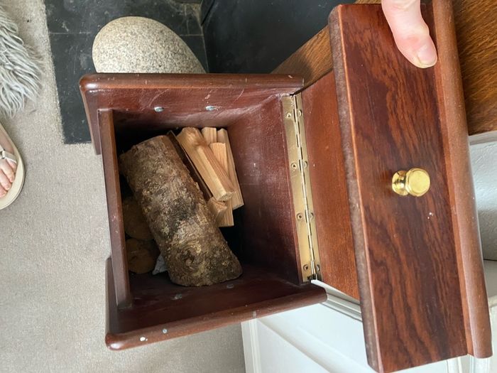 Wooden and brass fireplace fuel  storage box