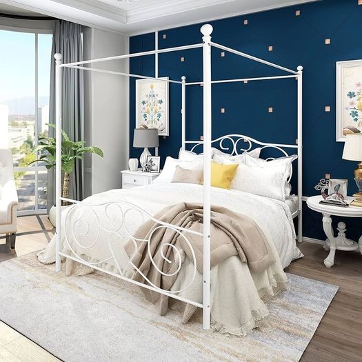 Double Canopy Bed Frame Platform Metal Bed Frame Heavy Duty Steel Slat and Support with Vintage Headboard and Footboard No Box Spring Required White