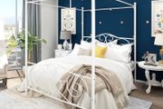 Double Canopy Bed Frame Platform Metal Bed Frame Heavy Duty Steel Slat and Support with Vintage Headboard and Footboard No Box Spring Required White