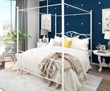 Double Canopy Bed Frame Platform Metal Bed Frame Heavy Duty Steel Slat and Support with Vintage Headboard and Footboard No Box Spring Required White