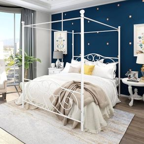 Double Canopy Bed Frame Platform Metal Bed Frame Heavy Duty Steel Slat and Support with Vintage Headboard and Footboard No Box Spring Required White